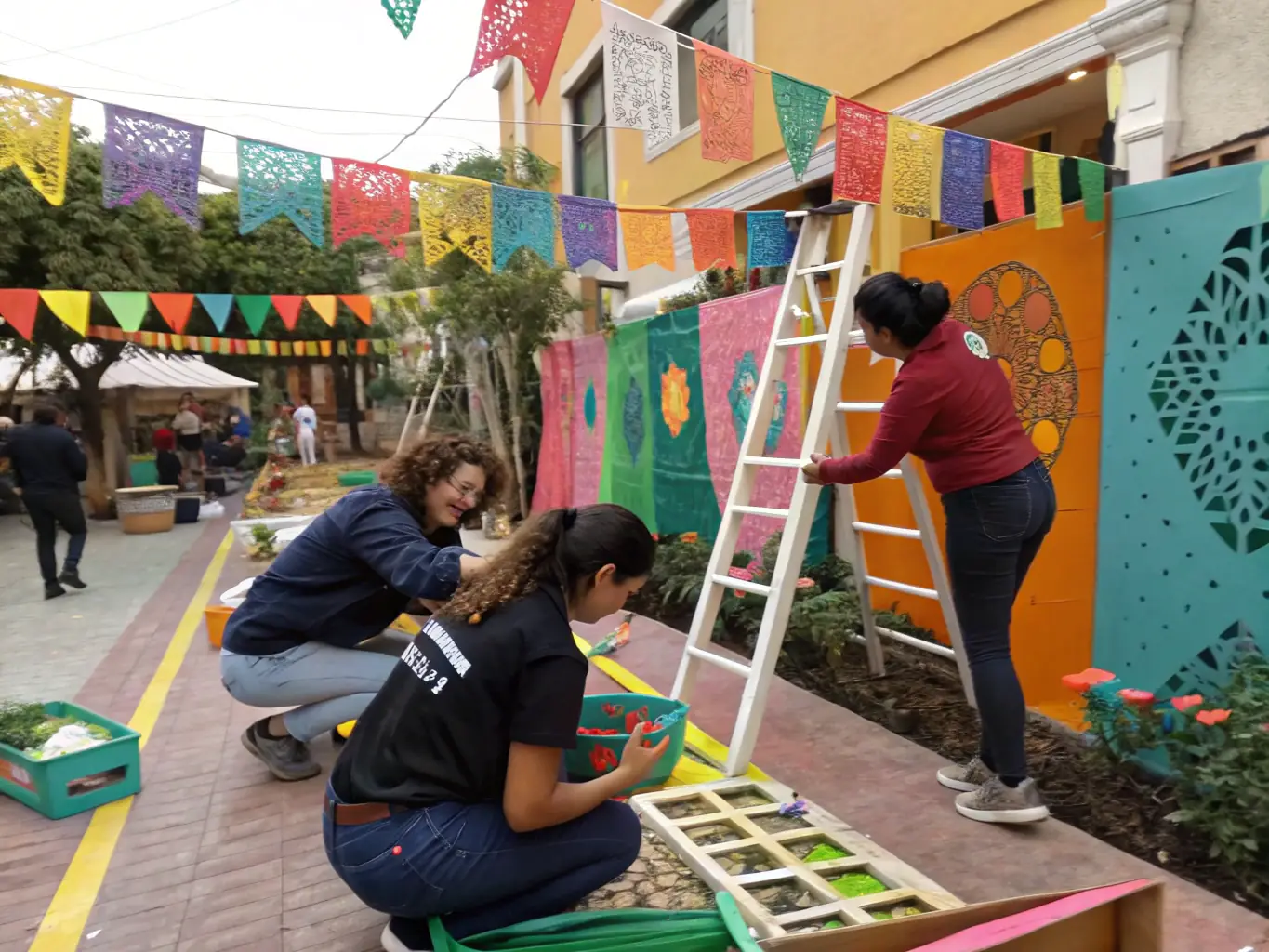 A photograph of volunteers setting up an exhibition, showcasing the collaborative effort behind bringing art and history to the public.