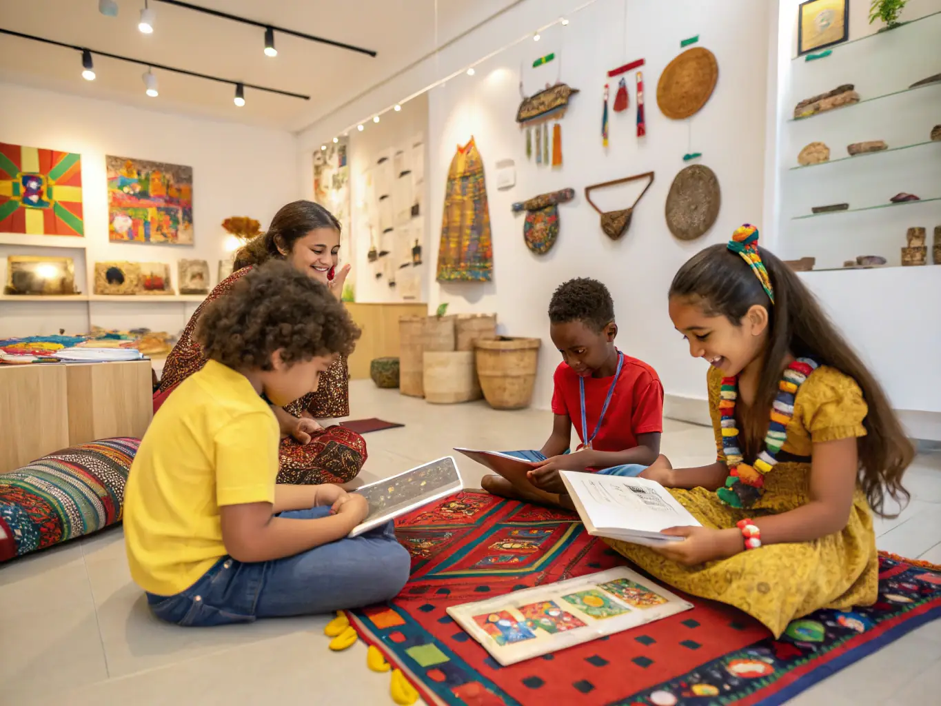 A photograph illustrating a public mediation program at the Musée d'Art et d'Histoire de Saint-Brieuc, showing children participating in an interactive workshop led by museum educators and volunteers from SOCIETE DES AMIS DU MUSEE D'ART ET D'HISTOIRE DE SAINT-BRIUC.
