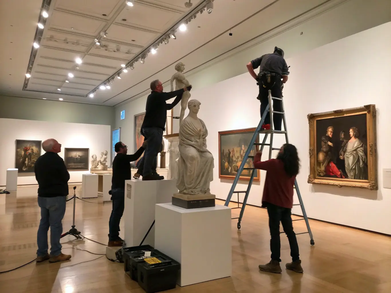 A photograph capturing a group of volunteers assisting with the setup of a new art exhibition at the Musée d'Art et d'Histoire de Saint-Brieuc, showcasing their dedication to supporting the museum's cultural initiatives.