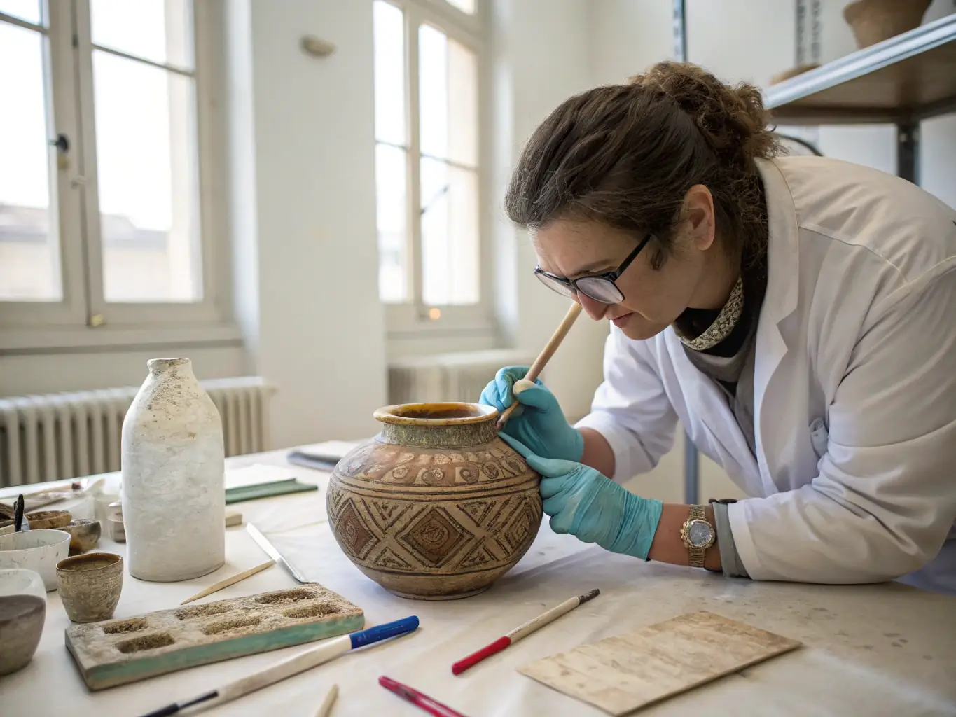 A photograph capturing a museum curator carefully examining a newly acquired artifact, highlighting the meticulous work involved in preserving cultural heritage.